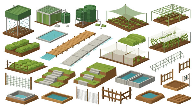 Isometric Collection of Garden, Landscape, and Architectural Elements for Design Projects.