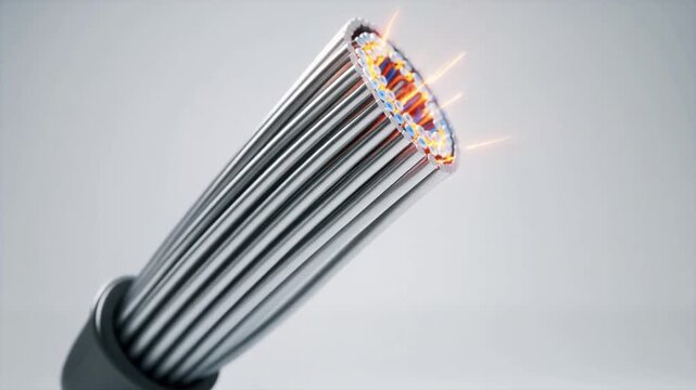 Professional 3D render of high-voltage industrial cable featuring luminous energy flow and realistic metallic textures.