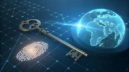 A digital fingerprint unlocking a globe with a shiny key
