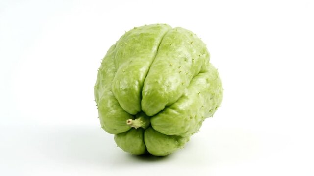 A vibrant green chayote, characterized by its distinctive ribbed and slightly spiky skin, is presented on a pristine white background. This fresh, wholesome produce item rotates gently, showcasing its