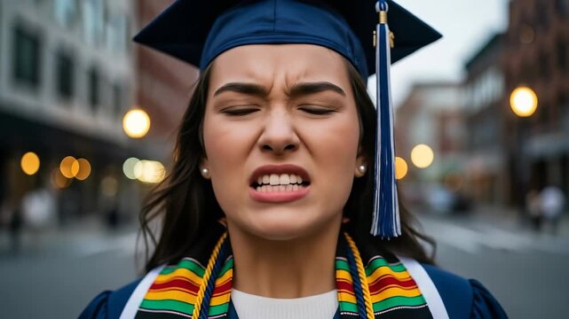 Emotional journey of a graduate expressing frustration to acceptance in urban setting