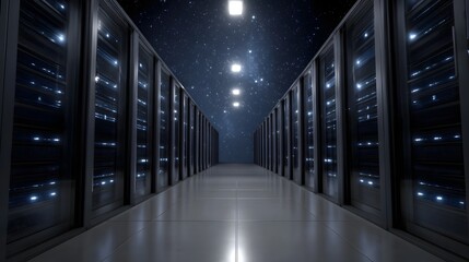 Futuristic server room corridor under a starry night sky symbolizing vast digital connections and infinite data