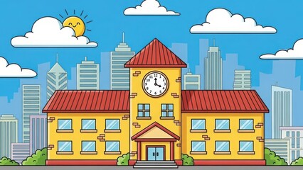 School building in city with clock tower and modern skyscrapers