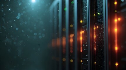 Modern data center with glowing server racks and blinking indicator lights set in a dark atmospheric environment with bokeh