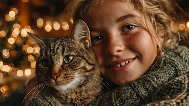 Joyful child snuggling with tabby cat against holiday lights