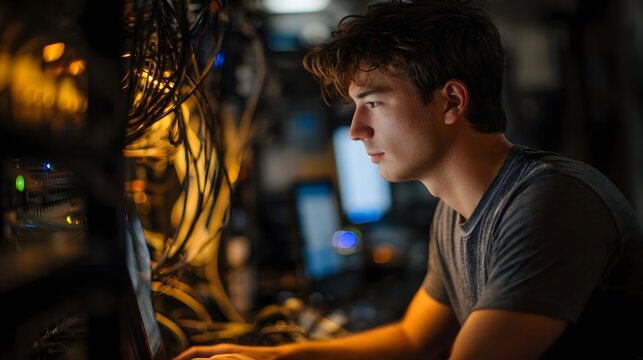 Young man intently focused on a computer screen in a dimly lit server room with blinking lights and cables - Powered by Adobe
