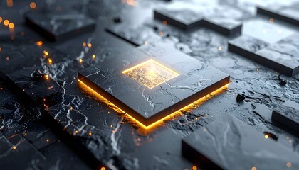 Glowing chip with a golden heart set on a cracked dark surface