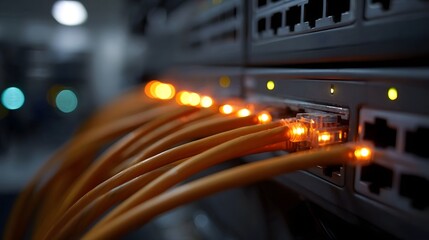 Detailed close up of vibrant orange network cables connected to a server rack with illuminated blinking status lights indicating data activity