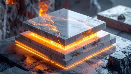 Glowing layered cubes of marble over stone texture with fiery cracks