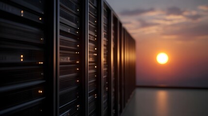Server racks in a data center at sunset symbolizing digital infrastructure and connectivity
