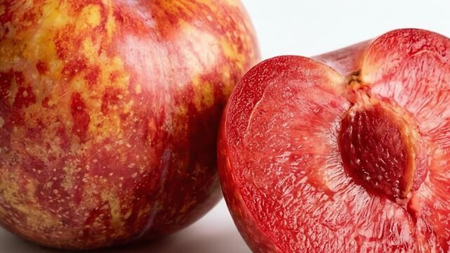 A vibrant, ripe stone fruit is presented with one whole and one neatly halved portion against a pristine white background. The fruit's skin boasts a beautiful mottled pattern of rich reds and warm yel