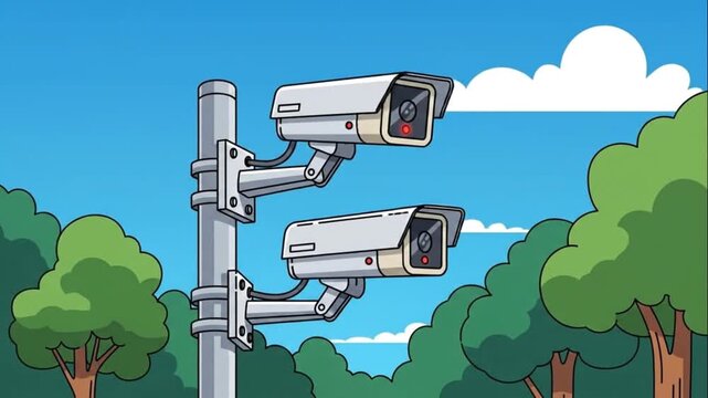 Cartoon illustration of two surveillance cameras outdoors on a pole