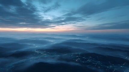 Fototapeta premium Digital connection grid spreads across misty mountain valleys during twilight illuminated by soft lights