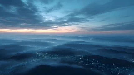 Digital connection grid spreads across misty mountain valleys during twilight illuminated by soft lights © Bussakon