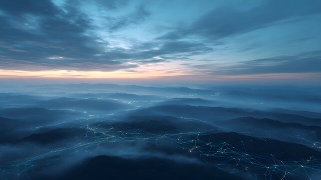 Digital connection grid spreads across misty mountain valleys during twilight illuminated by soft lights