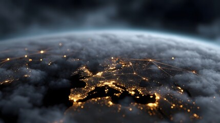Digital network connections illuminate Earth s cities at night visualized from space through atmospheric clouds