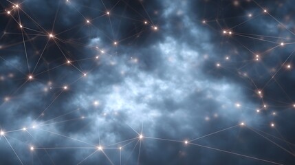 An abstract digital network of glowing nodes and connecting lines is visualized against a dark misty cloudy background