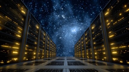 Futuristic server racks with orange lights extend into a vast starry night sky symbolizing digital connections and cosmic information