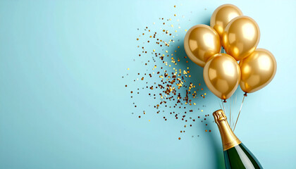 Gold balloons, confetti, and green champagne bottle create festive luxury celebration scene on light blue background, evoking joy and elegance for parties or special events