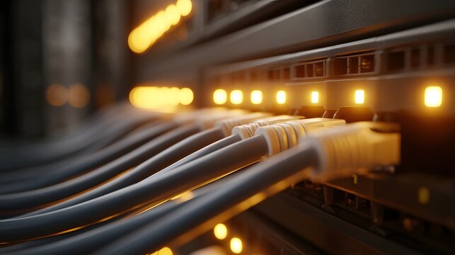 Close up view of network cables plugged into a server rack with glowing orange indicator lights