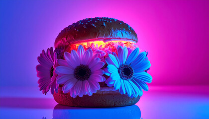 Futuristic neon burger with sesame bun, vibrant flowers, glowing light, surreal mood, creative food art, pink and blue background, imaginative concept