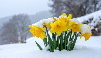 Close-up of yellow blooming daffodils in fresh snow with green stems, snowy background, and bare trees