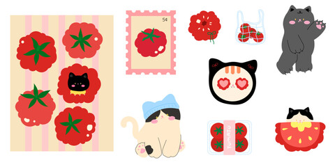 Cute cat and tomato illustration set &ndash; Kawaii card, stamp, flat design characters and food elements
