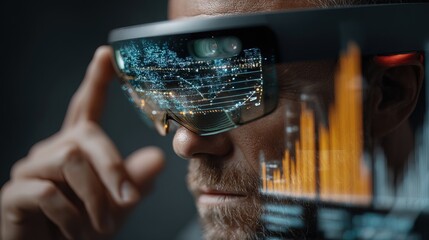 Immersive Augmented Reality Headset Displaying Data Information Close Up Portrait