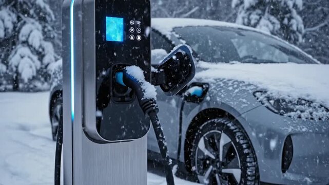 Electric car charging in winter snow storm, EV charging station, sustainable transport concept