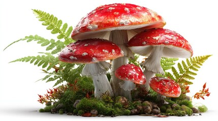 Mushroom Magic: A cluster of vibrant red mushrooms, their caps speckled with white dots, flourishes amidst verdant moss and delicate ferns, creating an enchanting scene