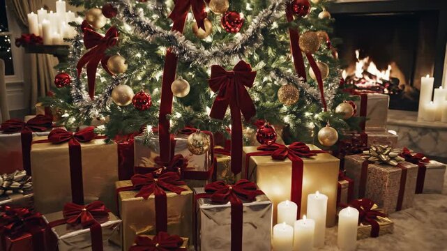 Christmas tree with candles and decorations in a cozy holiday room