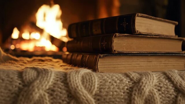 A stack of closed books resting on a soft woven wool blanket illuminated by the dynamic, flickering light cast from a nearby roaring fireplace closed, wood, concept