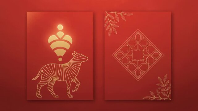 Elegant Golden Tiger and Ornate Lantern on Red Background Animation.