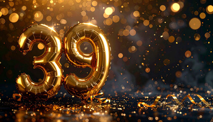 Gold metallic number balloon 39 with sparkling confetti, festive ribbon, and bokeh lights on dark background, perfect for glamorous anniversary or birthday celebration event
