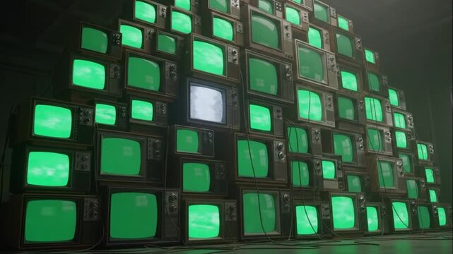 Retro TV Wall with Green Screens and Static Display