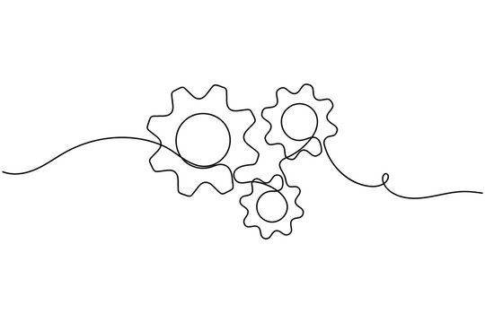 Three moving cog gear wheel sign continuous one line drawing on white background minimalist business work symbol outline vector illustration