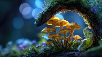 Mystical Mushroom Under the Canopy: A cluster of luminous mushrooms thrive beneath a moss-covered branch. The enchanting scene is awash with bokeh.
