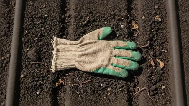 A large, worn vegetable gardening glove resting on a patch of dark, tilled soil, 