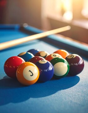 Close-up shot of a billiard table with a neatly arranged triangle of numbered billiard balls and a cue stick