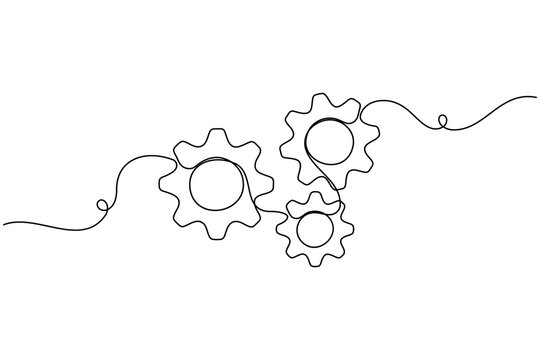 Three moving cog gear wheel sign continuous one line drawing on white background minimalist business work symbol outline vector illustration
