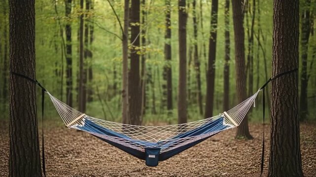 A simple, comfortable hammock strung between two trees in a quiet forest