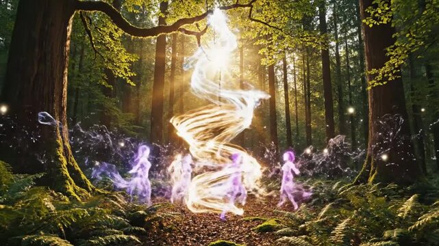 Enchanting Forest Fairies Dancing Around Magical Glowing Energy Spiral Tree