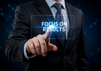 Businessman pointing at a digital screen displaying FOCUSONRESULTS text finger