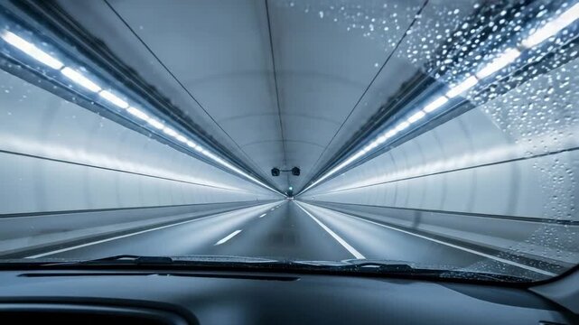 Car view driving through illuminated tunnel with raindrops on glass,   View from a car windshield as it drives through a tunnel at night,