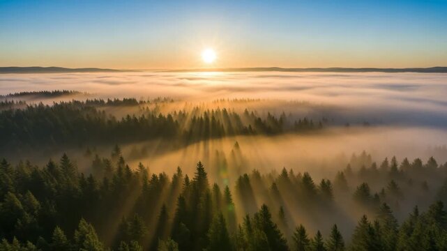 Sunrise over misty forest landscape with sun rays illuminating trees  , Epic drone shot of the sun rising above a dense, foggy pine forest,
