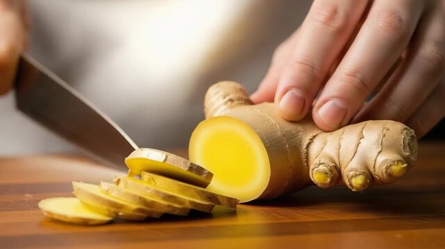 Person slicing fresh ginger root on wooden cutting board  
