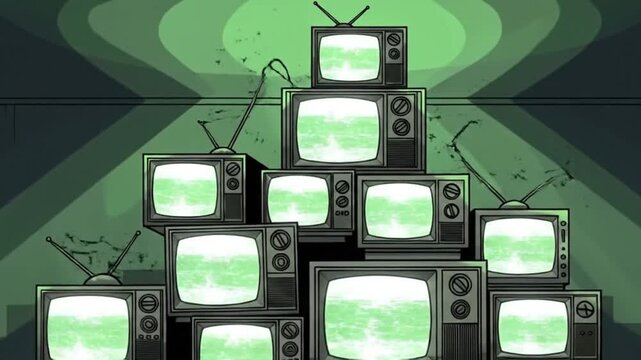 Stacked Retro TVs Glowing Green Screens Dark Room Looping Animation