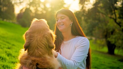 Woman smiling with golden retriever dog in park