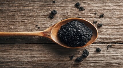 A wooden spoon holds black caviar with some caviar scattered around it. The setting is a kitchen with a rustic wooden table.