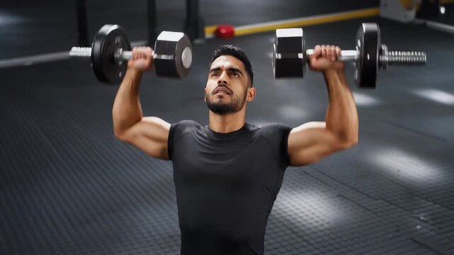Dumbbell Snatch Finish. Fitness Resolutions - High-Intensity Training & Athletic Ambition. A man completing a dumbbell snatch overhead elbow locked looking up with fierce concentration.
